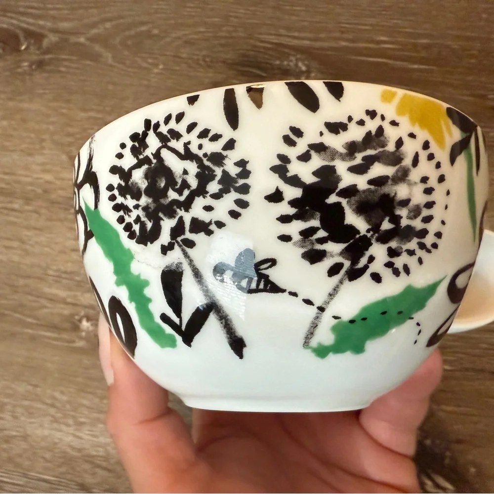 Crate & Barrel 2014 Floral Mug Abstract Chic Coffee Cup Minimalist Black Yellow